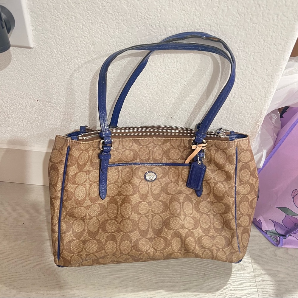 Coach Brown and Blue Shoulder Bag with Signature Design
